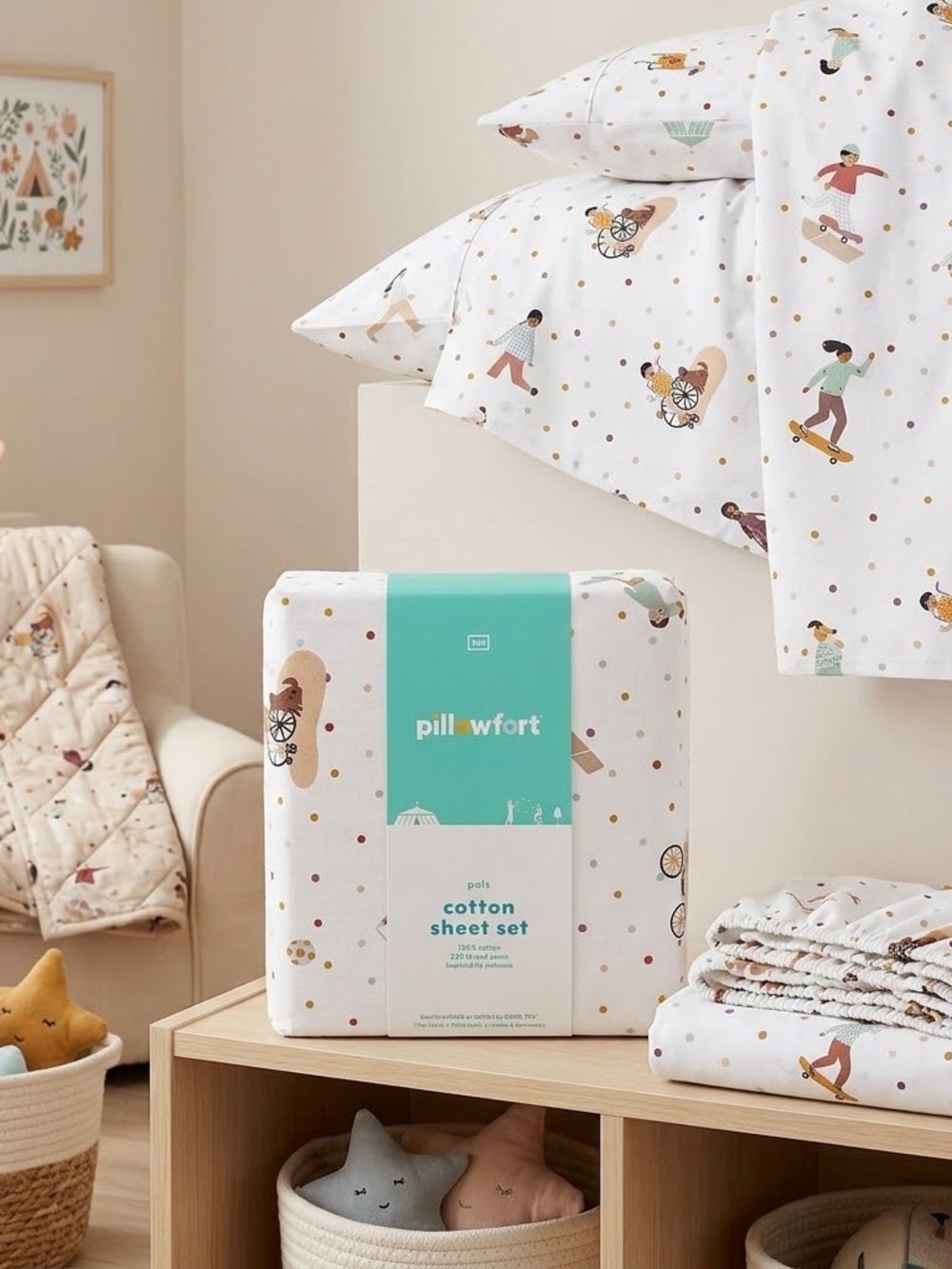 Pillowfort White Cotton Sheet Set with Multi-Color Polka & Playful Kids Print